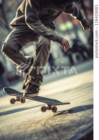 Youthful skateboarder executing a mid-air trick on a city street, with buildings and graffiti as a backdrop. Youthful skateboarder executing a mid-air trick on a city street, with buildings and graffiti as a backdrop. 116429881