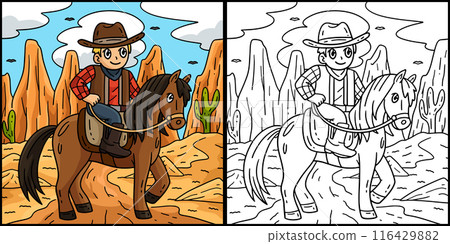 Cowboy Riding a Horse Coloring Page Illustration Cowboy Riding a Horse Coloring Page Illustration 116429882
