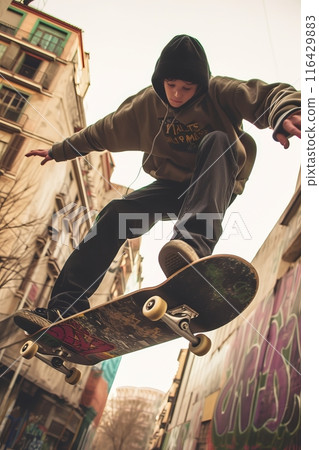 Youthful skateboarder executing a mid-air trick on a city street, with buildings and graffiti as a backdrop. 116429883