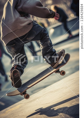 Skateboarder performing an ollie trick on an urban sidewalk, with a focus on the skateboard and shoes. Skateboarder performing an ollie trick on an urban sidewalk, with a focus on the skateboard and shoes. 116429884