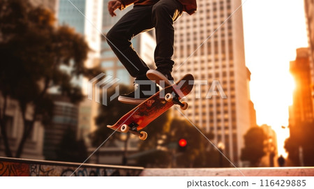 Skateboarder captured in a dynamic pose against an urban skyline at sunset. 116429885