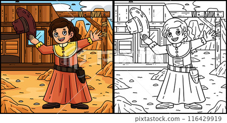 Cowgirl in a Dress Coloring Page Illustration Cowgirl in a Dress Coloring Page Illustration 116429919