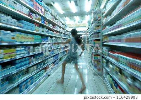 Woman browses the pharmacy aisle for over the counter medicine 116429998
