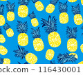 Blue background featuring vibrant yellow pineapples scattered across the surface. The pineapples are distinct with their spiky green crowns and textured yellow skins. 116430001