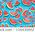 Slices of watermelon arranged neatly on a bright blue background.  116430002