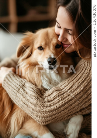Tender scene of a woman in a cozy sweater cuddling her golden retriever, evoking warmth and friendship. 116430076