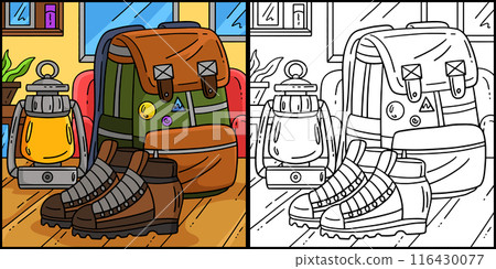 Camping Backpack, Boots and Lamp Illustration 116430077