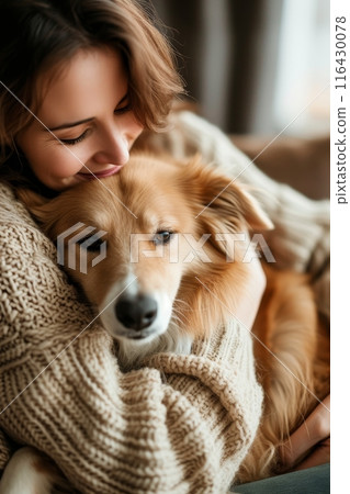 Young woman in a cozy knit sweater snuggling her affectionate golden retriever at home. 116430078