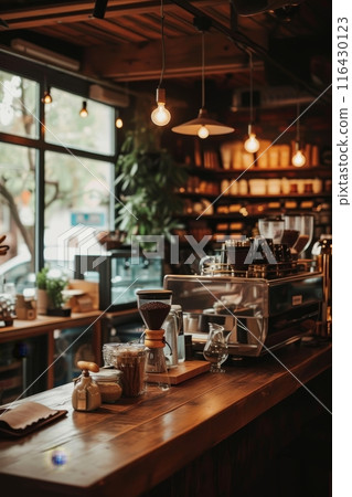 Cozy corner of a stylish coffee house with a welcoming atmosphere. 116430123