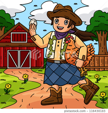 Cowgirl Carrying Chicken Colored Cartoon Cowgirl Carrying Chicken Colored Cartoon 116430183