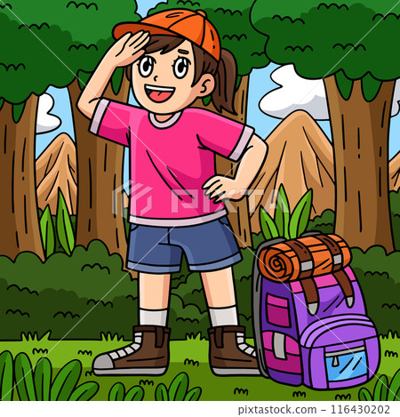 Camping Camper with Backpack Colored Cartoon Camping Camper with Backpack Colored Cartoon 116430202