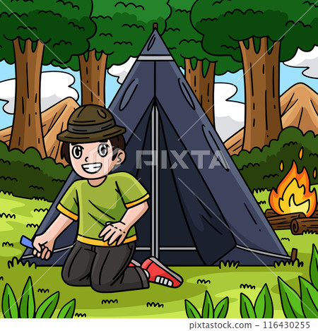 Camping Camper Setting Up a Tent Colored Cartoon Camping Camper Setting Up a Tent Colored Cartoon 116430255