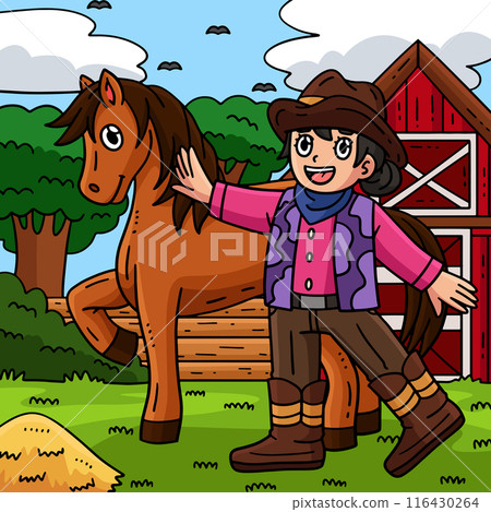 Cowgirl and Pony Colored Cartoon Illustration 116430264