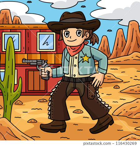 Cowgirl with a Gun Colored Cartoon Illustration 116430269