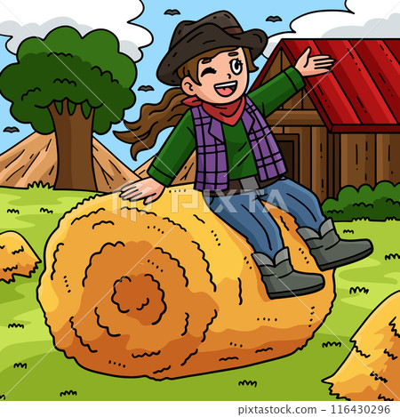 Cowgirl Sitting on Hay Bale Colored Cartoon  116430296