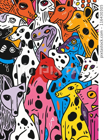 Playful and diverse cartoon dogs with colorful spotted fur, showcasing unique breeds and whimsical expressions in an illustration 116430305
