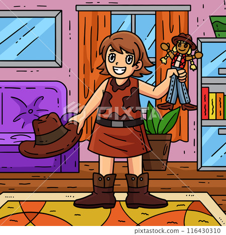 Cowgirl Child with Doll Colored Cartoon Cowgirl Child with Doll Colored Cartoon 116430310