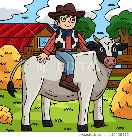 Cowboy Riding Cattle Colored Cartoon Illustration 116430315
