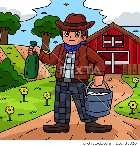 Cowboy Carrying Bucket of Cow Milk Colored Cartoon 116430320