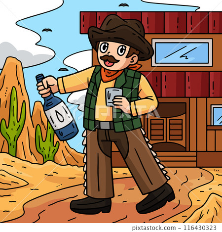 Cowboy with a Whiskey Colored Cartoon Illustration Cowboy with a Whiskey Colored Cartoon Illustration 116430323