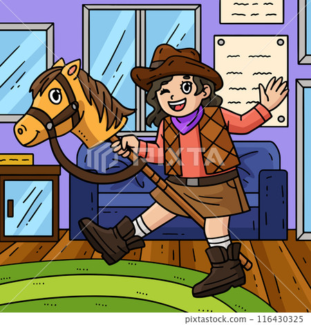 Cowgirl and Toy Horse Colored Cartoon Illustration Cowgirl and Toy Horse Colored Cartoon Illustration 116430325