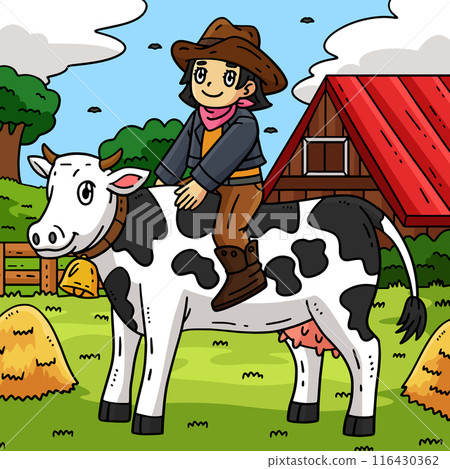 Cowgirl and Cattle Colored Cartoon Illustration 116430362