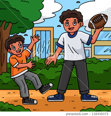 American Football Father and Son Playing Colored  116430373