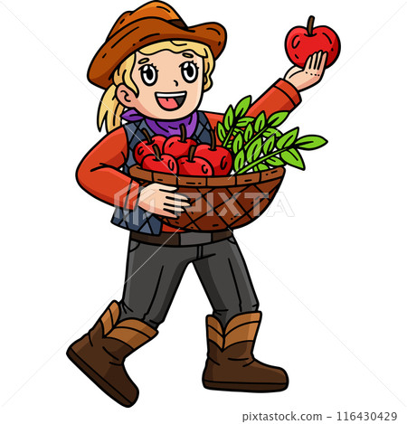 Cowgirl with Basket of Apples and Wheat Clipart 116430429
