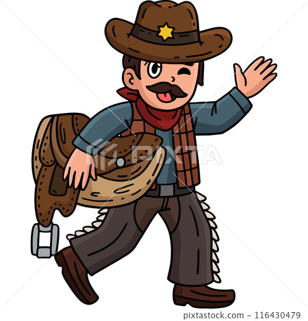 Cowboy Carrying a Saddle Cartoon Colored Clipart 116430479
