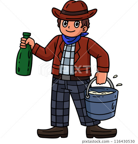 Cowboy Carrying Bucket of Cow Milk Cartoon Clipart Cowboy Carrying Bucket of Cow Milk Cartoon Clipart 116430530