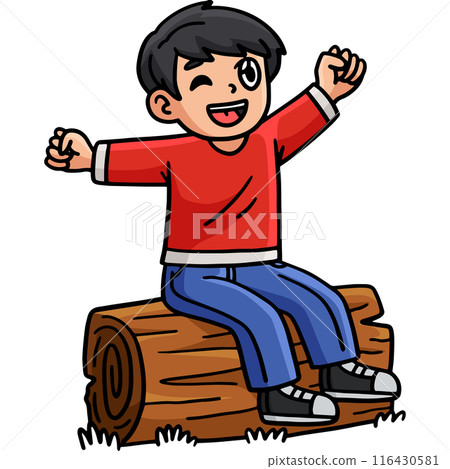 Happy Boy Sitting on the Log Cartoon Clipart 116430581