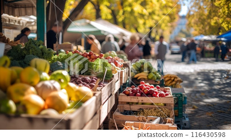 Vibrant display of fresh produce at a bustling farmers market. 116430598