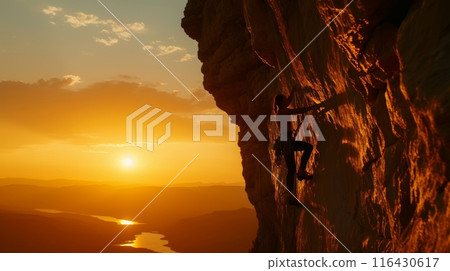 A climber ascends a rugged cliff, backlit by the setting sun over a serene landscape. 116430617