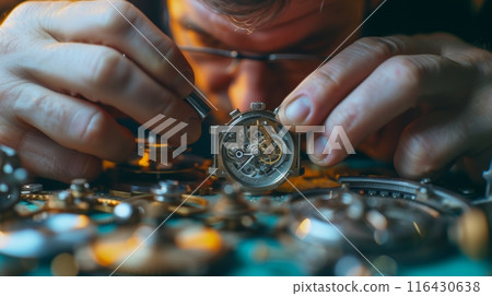 Close-up of a skilled watchmaker meticulously repairing a complex mechanical watch. 116430638