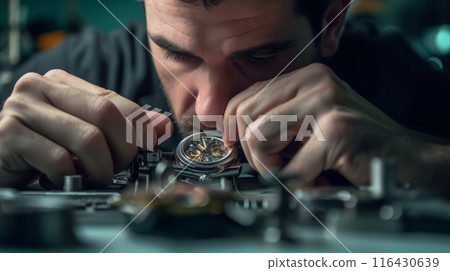 Close-up of a skilled watchmaker meticulously repairing a complex mechanical watch. Close-up of a skilled watchmaker meticulously repairing a complex mechanical watch. 116430639
