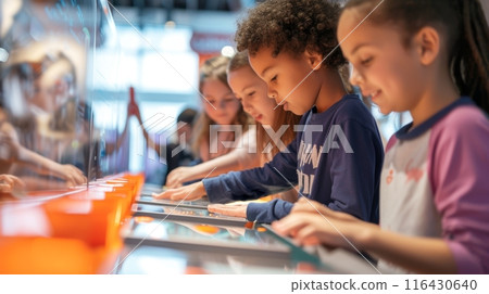 Children playing at an arcade, intensely focused on their games. 116430640