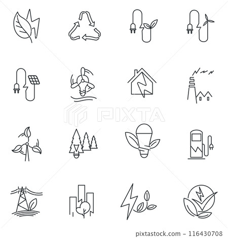 Ecology line art icon set, nature and environment. Protection, planet care, natural recycling power. Vector ecology line art illustration 116430708
