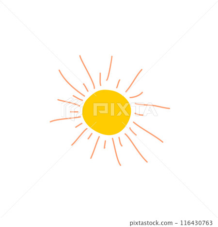 Yellow Doodle Summer Sun Icon. Vector Design Cartoon Flat Illustration Isolated on White Background. Vacation Theme, Warm and Light. Design Element for Sticker, Print, Card, Get well. Yellow Doodle Summer Sun Icon. Vector Design Cartoon Flat Illustration Isolated on White Background. Vacation Theme, Warm and Light. Design Element for Sticker, Print, Card, Get well. 116430763