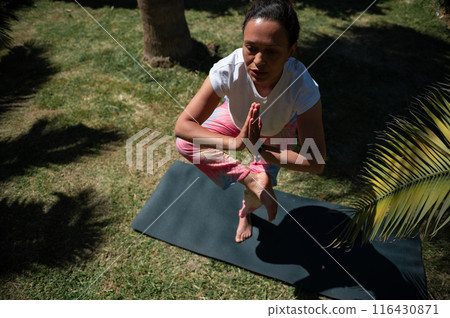 Woman practicing yoga outdoors in tree pose for balance and mindfulness 116430871