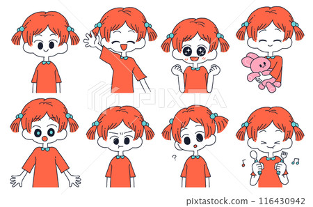 兒童和女孩各種面部表情的插圖集 116430942