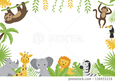 Children's horizontal frame with the image of wild jungle animals - giraffe, elephant, zebra, rhinoceros, toucan, monkey, sloth, lion, crocodile. Flat vector illustrations for children. 116431218