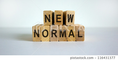 Wooden blocks form the words 'new normal'. Beautiful white background. 116431377