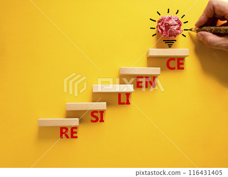 Resilience symbol. Concept word Resilience on beautiful wooden blocks. Beautiful yellow background. Businessman hand. Beautiful light bulb icon. Business resilience concept. Copy space. Resilience symbol. Concept word Resilience on beautiful wooden blocks. Beautiful yellow background. Businessman hand. Beautiful light bulb icon. Business resilience concept. Copy space. 116431405