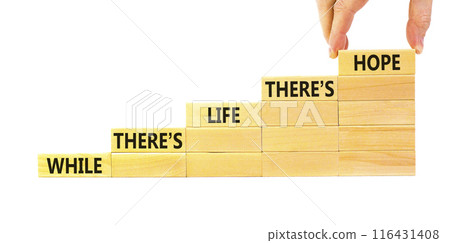 Life and hope symbol. Concept word While there is life there is hope on wooden block. Beautiful white table white background. Businessman hand. Business lifestyle life and hope concept. Copy space. 116431408
