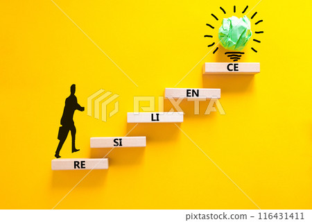 Resilience symbol. Concept word Resilience on beautiful wooden blocks. Businessman icon. Beautiful yellow background. Business resilience concept. Copy space. 116431411