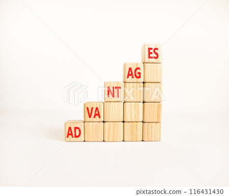 Advantages symbol. Concept word Advantages on beautiful wooden cubes. Beautiful white background. Business advantages concept. Copy space. 116431430