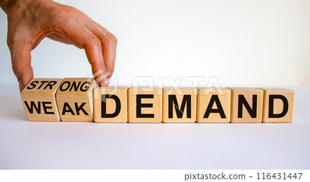 Strong or weak demand symbol. Businessman hand turns cubes and changes words 'weak demand' to 'strong demand'. Beautiful white background. Business and strong demand concept. Copy space. Strong or weak demand symbol. Businessman hand turns cubes and changes words 'weak demand' to 'strong demand'. Beautiful white background. Business and strong demand concept. Copy space. 116431447