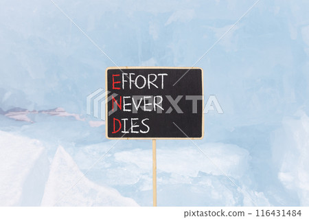 END effort never dies symbol. Concept words END effort never dies on beautiful yellow blackboard. Beautiful blue ice background. Business END effort never dies concept. Copy space. END effort never dies symbol. Concept words END effort never dies on beautiful yellow blackboard. Beautiful blue ice background. Business END effort never dies concept. Copy space. 116431484
