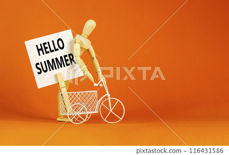Hello summer symbol. Concept words Hello summer on beautiful white paper on clothespin. Tourist model. Beautiful orange background. Bike model. Business lifestyle Hello summer concept. Copy space. Hello summer symbol. Concept words Hello summer on beautiful white paper on clothespin. Tourist model. Beautiful orange background. Bike model. Business lifestyle Hello summer concept. Copy space. 116431586