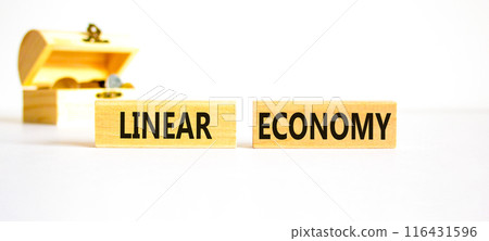 Linear economy symbol. Concept words Linear economy on wooden blocks. Beautiful white table white background. Wooden chest with coins. Business linear economy concept. Copy space. Linear economy symbol. Concept words Linear economy on wooden blocks. Beautiful white table white background. Wooden chest with coins. Business linear economy concept. Copy space. 116431596